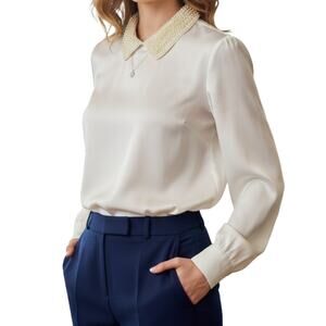 La Chine Petites Vintage Ivory Sheer Sequin Collar Blouse Womens 6 Petites